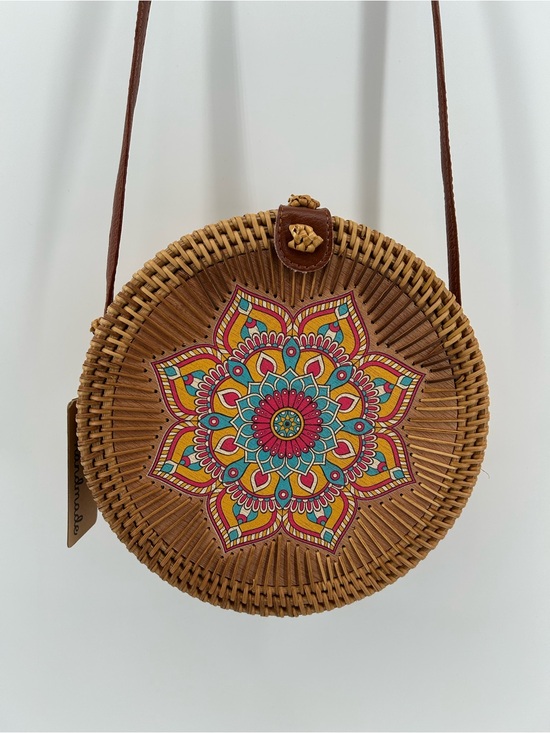 Francesca's Collections Handbags - Francesca's Collections Round Woven Crossbody in Brown with Multicolor Mandala
